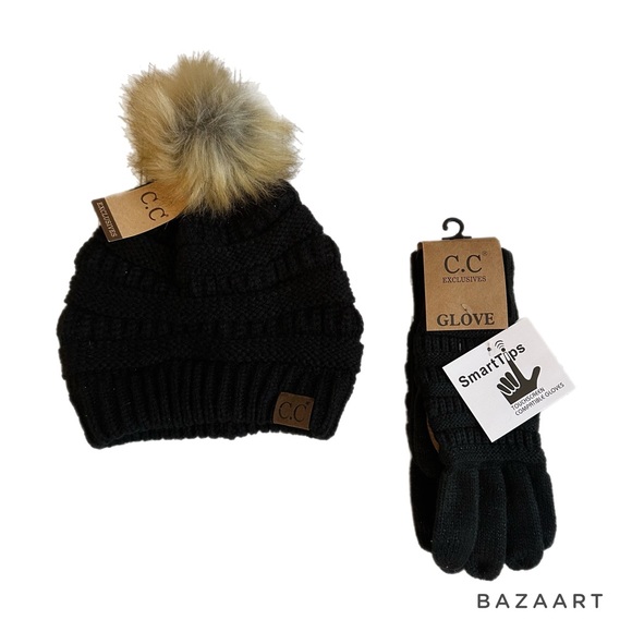 CC Pom Beanie and Smart Tips Gloves | Black | NWT - Picture 1 of 3